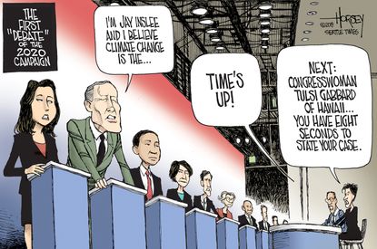 Political Cartoon U.S. 2020 Election Democrats Primary Debate Jay Inslee