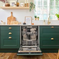 Kitchen with green cabinetry and open dishwasher