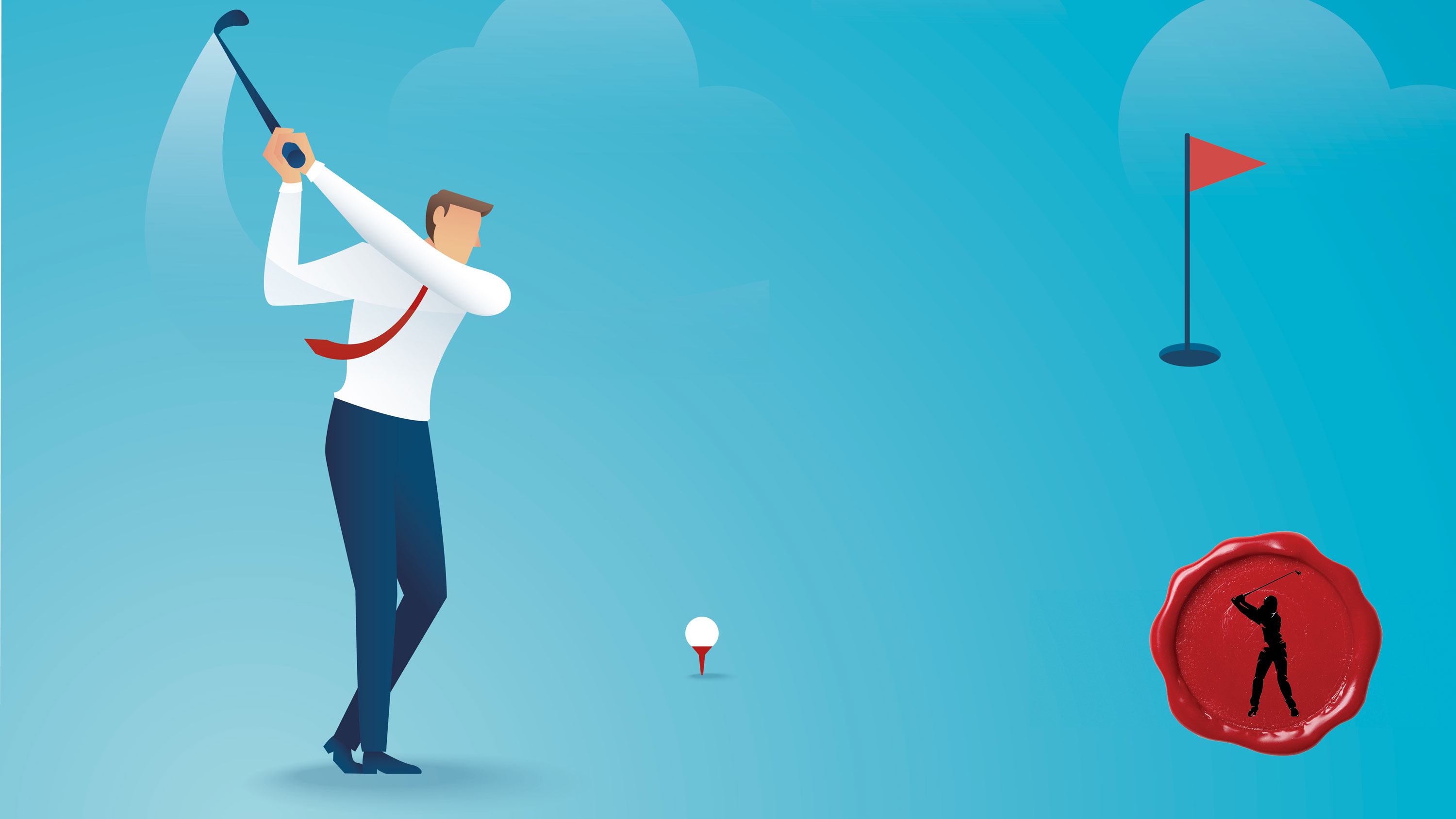 an illustration of a businessman swinging with a flag in the distance and the secret club golfer logo