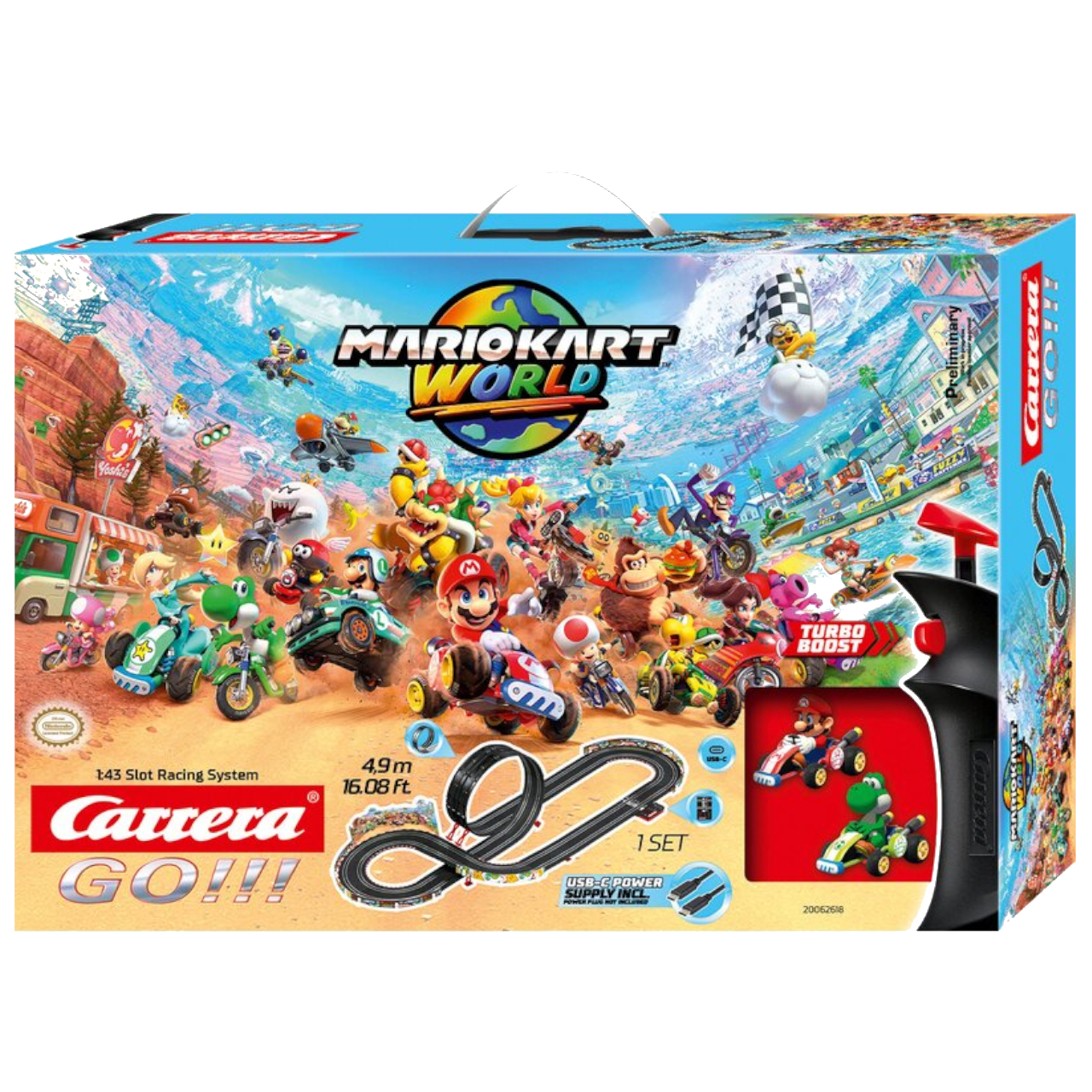 Mario Kart World Carrera Go box on a plain background