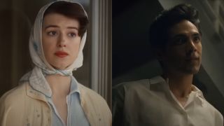 From left to right: Daisy Edgar-Jones with a scarf on her head and Diego Calva in low light.