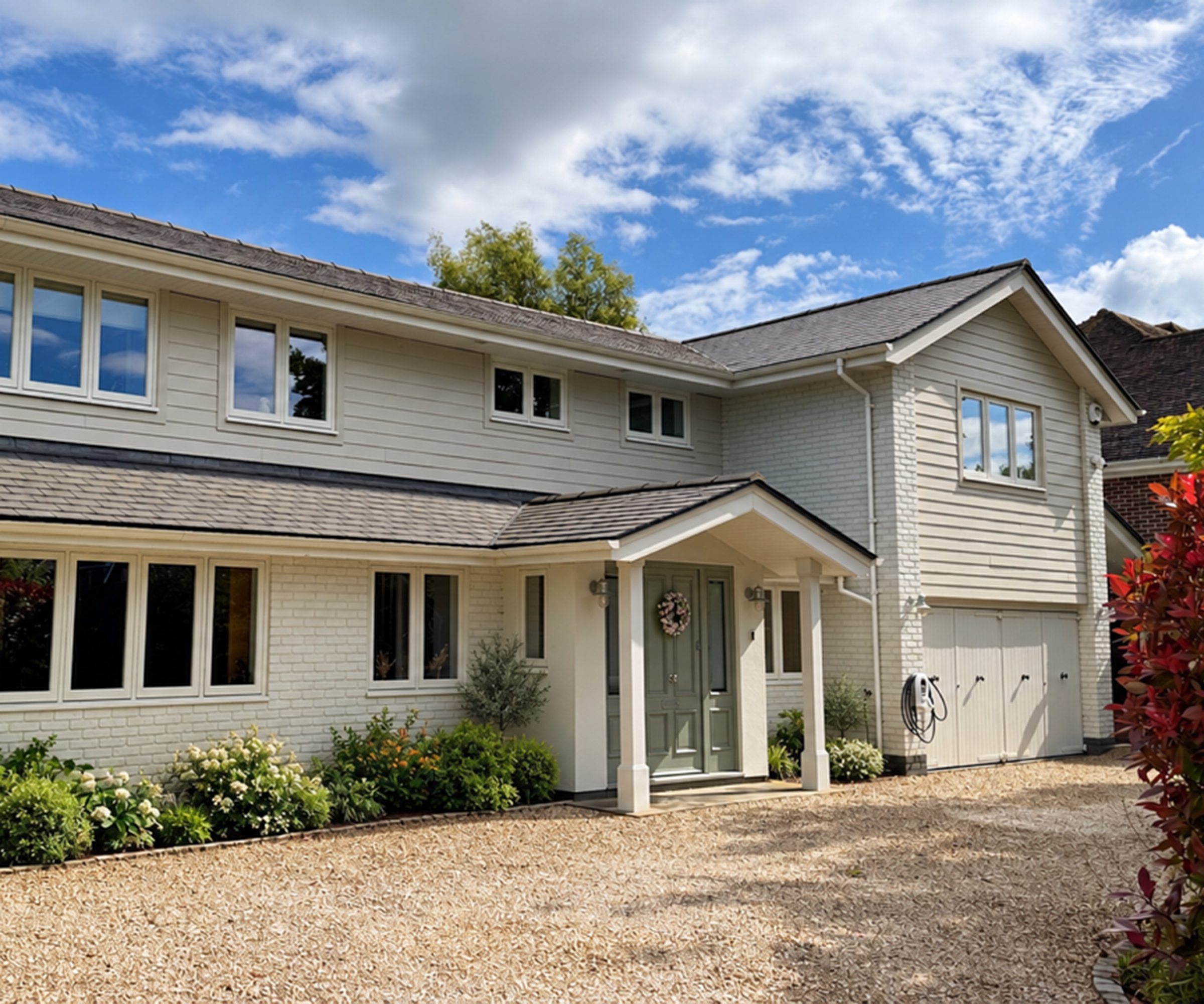 New England style house with enclosed porch and gravel driveway