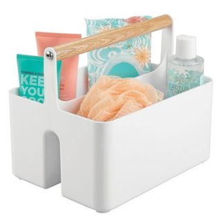 Mdesign Plastic Divided Shower Caddy Organizer, Bamboo Handle - White/natural