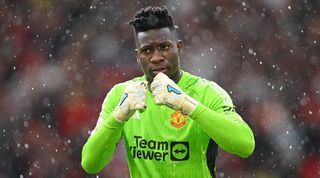 Andre Onana reacts during Manchester United's Premier League game against Nottingham Forest in August 2023.