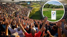 Fans in the stands at the first tee of a Ryder Cup match and an inset image of the Ryder Cup trophy on a 2025 Bethpage Black branded pedestal