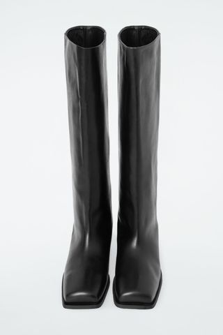 Square-Toe Leather Knee-High Boots