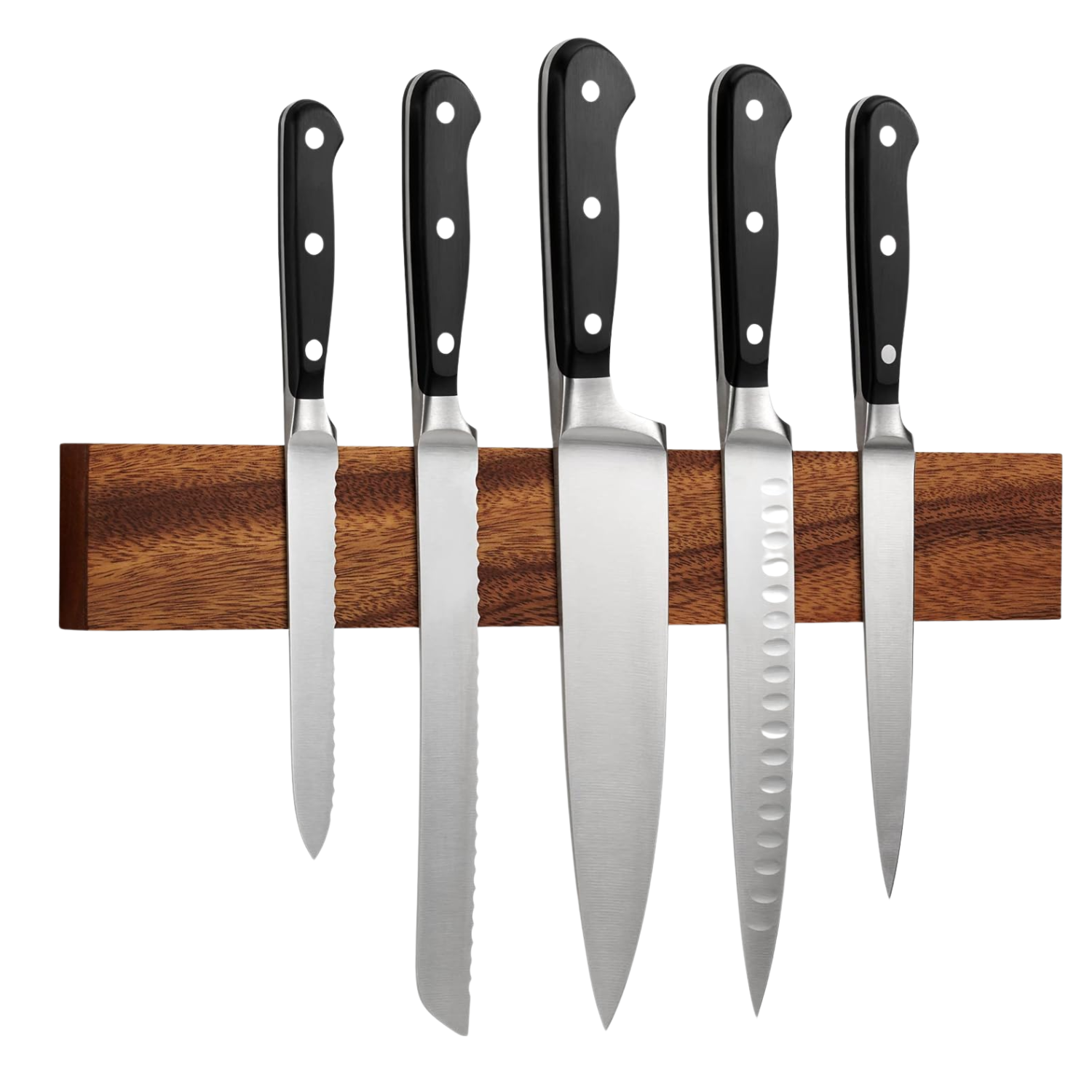 A dark oak wood magnetic knife block