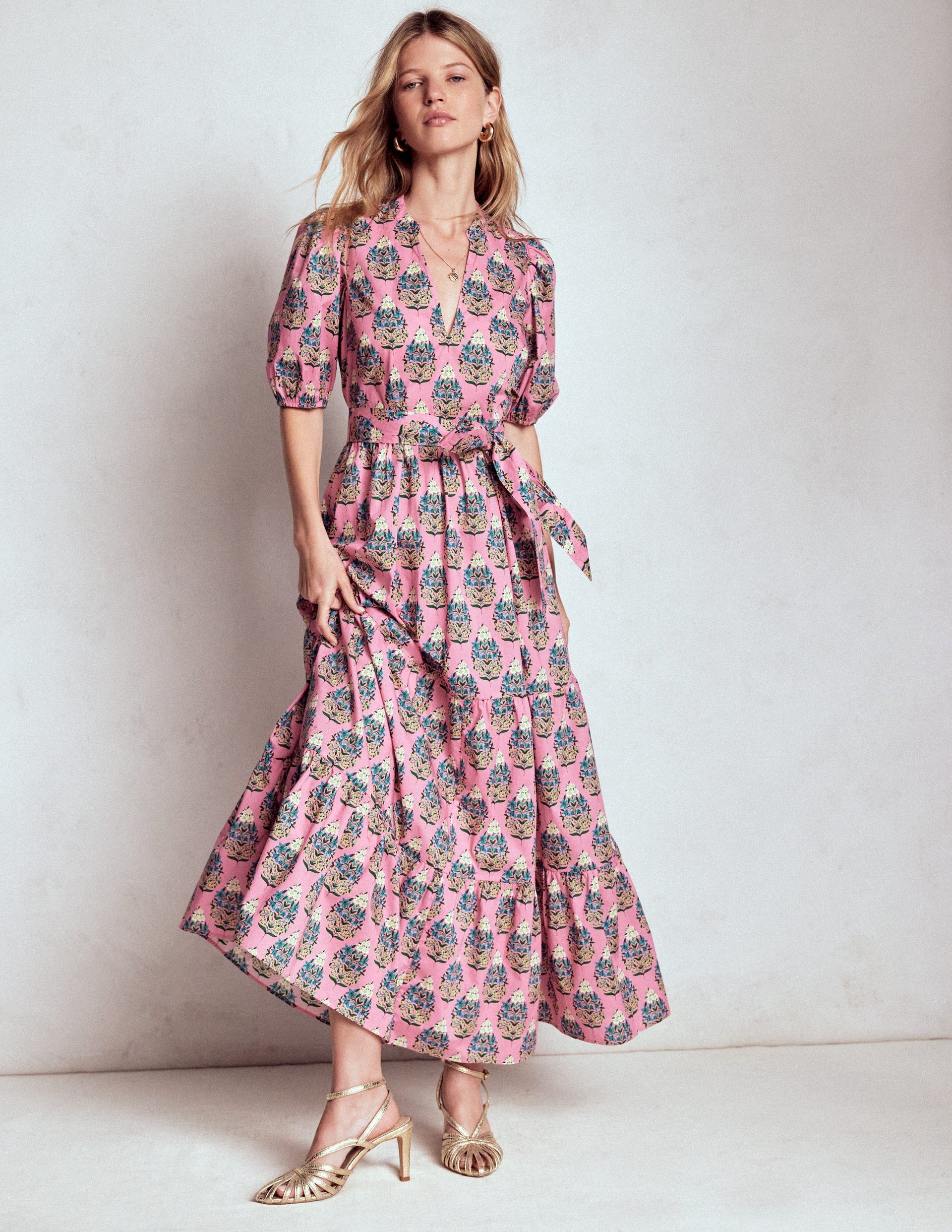Christabel Cotton Midi Dress-Pink, Wildflower Bouquet
