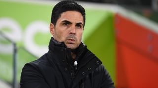 Arsenal manager Mikel Arteta looks on prior to the Premier League match between Brentford FC and Arsenal FC at Gtech Community Stadium on November 25, 2023 in Brentford, England. (Photo by Stuart MacFarlane/Arsenal FC via Getty Images)