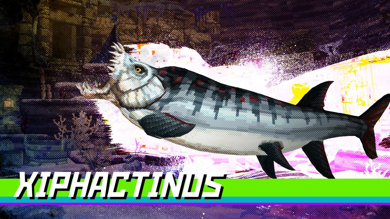 A large boss fish named Xiphactinus with sharp teeth
