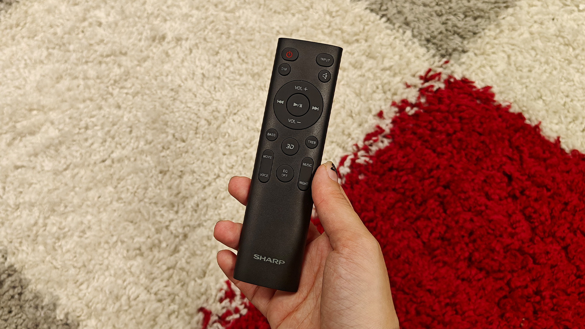 Sharp HT-SB700 Dolby Atmos soundbar remote control held in hand above red, white and grey rug