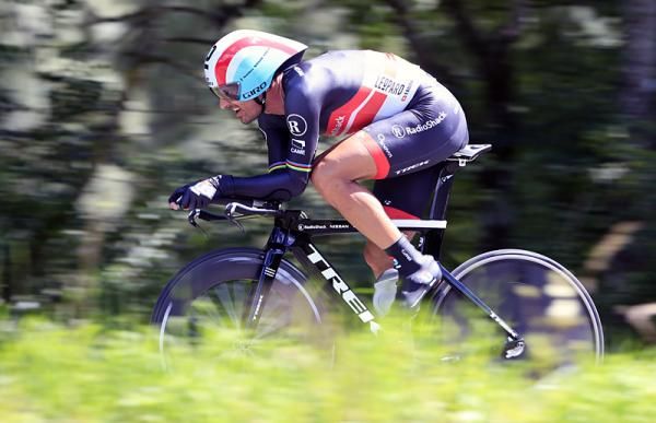 Four-time world time trial champion Fabian Cancellara en route to a third place finish in the 41.5km time trial.