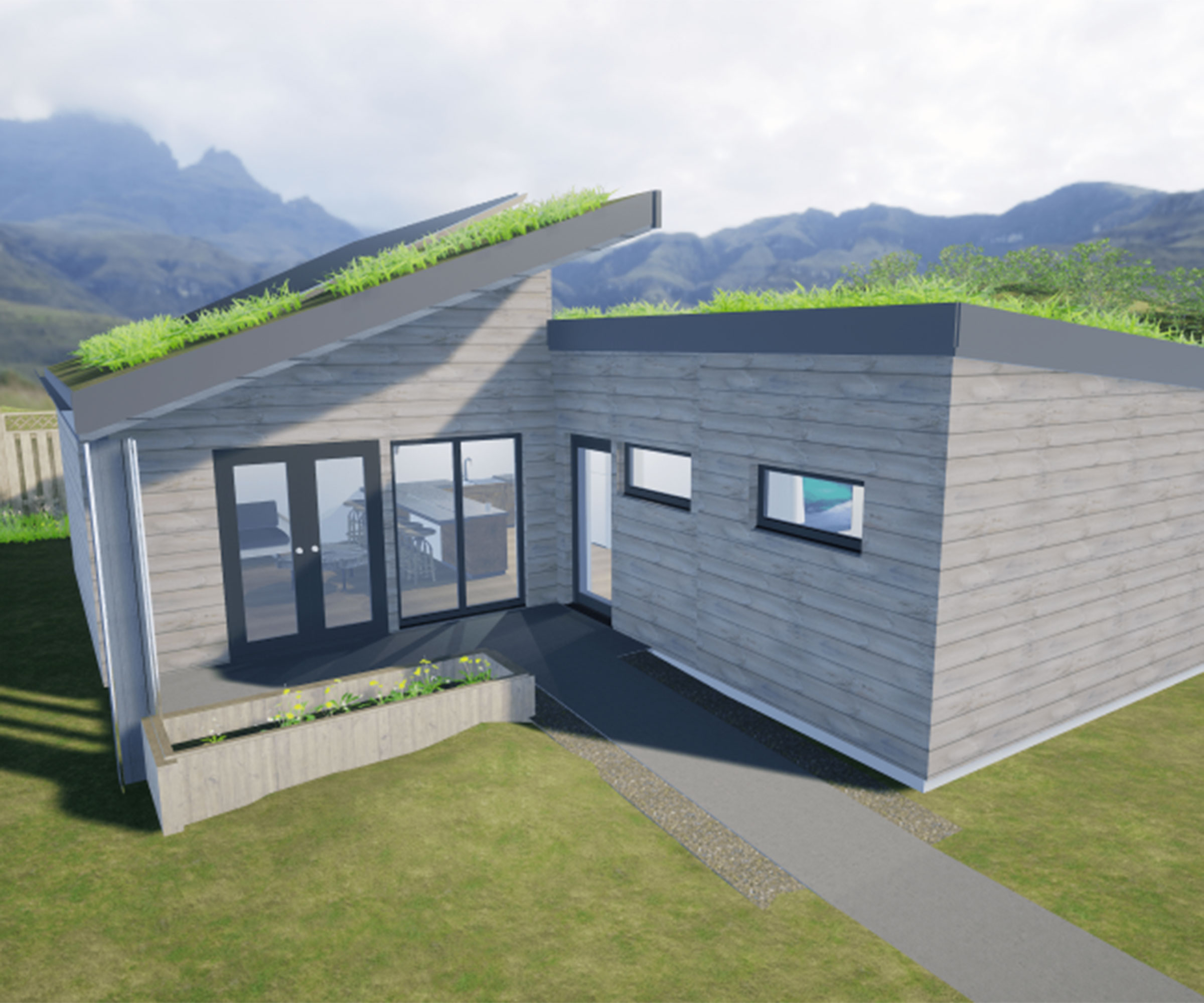 A 3D render of a modern self-build single-storey home