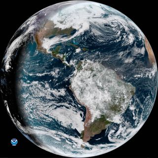 A full-disk view of the Earth on March 7, 2018 as seen by the GOES-16 weather satellite at 10:26 a.m. EST (1526 GMT). 