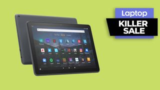 Amazon Fire HD 10 Plus tablet against a green background with killer sale bage