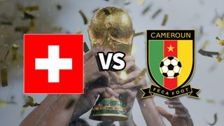 The Switzerland and Cameroon nation football team badges on top of a photo of the World Cup trophy being lifted