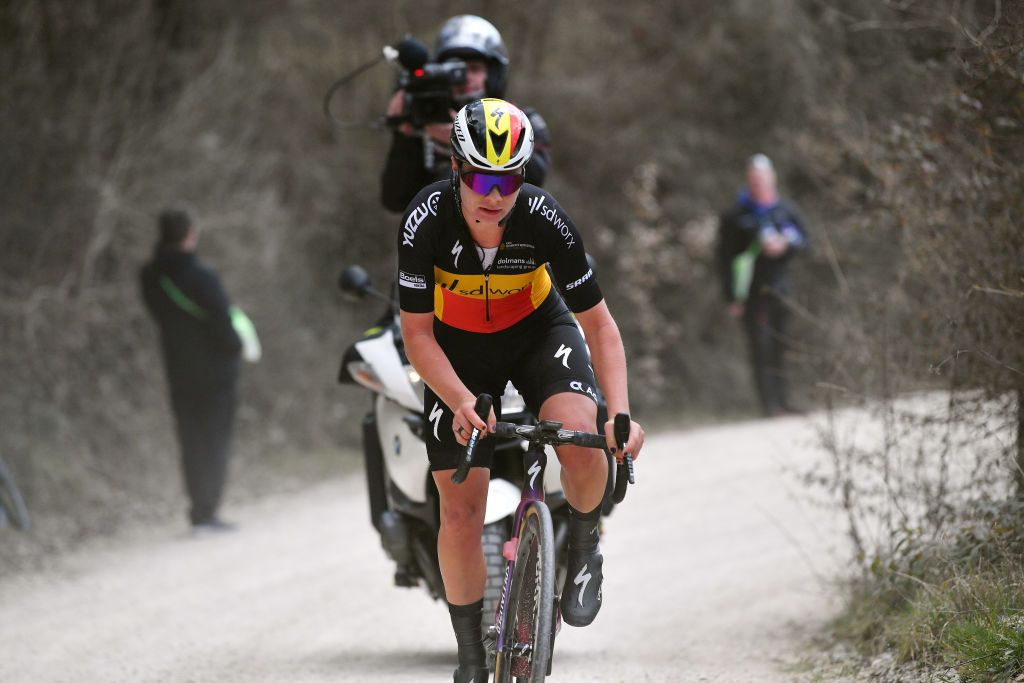 SIENA ITALY MARCH 05 Lotte Kopecky of Belgium and Team SD Worx competes in the breakaway during the Eroica 8th Strade Bianche 2022 Womens Elite a 136km one day race from Siena to Siena Piazza del Campo 321m StradeBianche on March 05 2022 in Siena Italy Photo by Luc ClaessenGetty Images