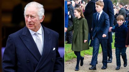 Composite of King Charles leaving The London Clinic in 2024 and Prince George, Charlotte and Louis on Christmas Day 2023