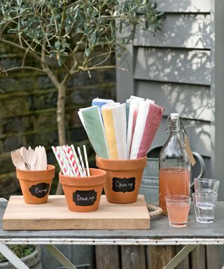 pots with straws on garden drinks table