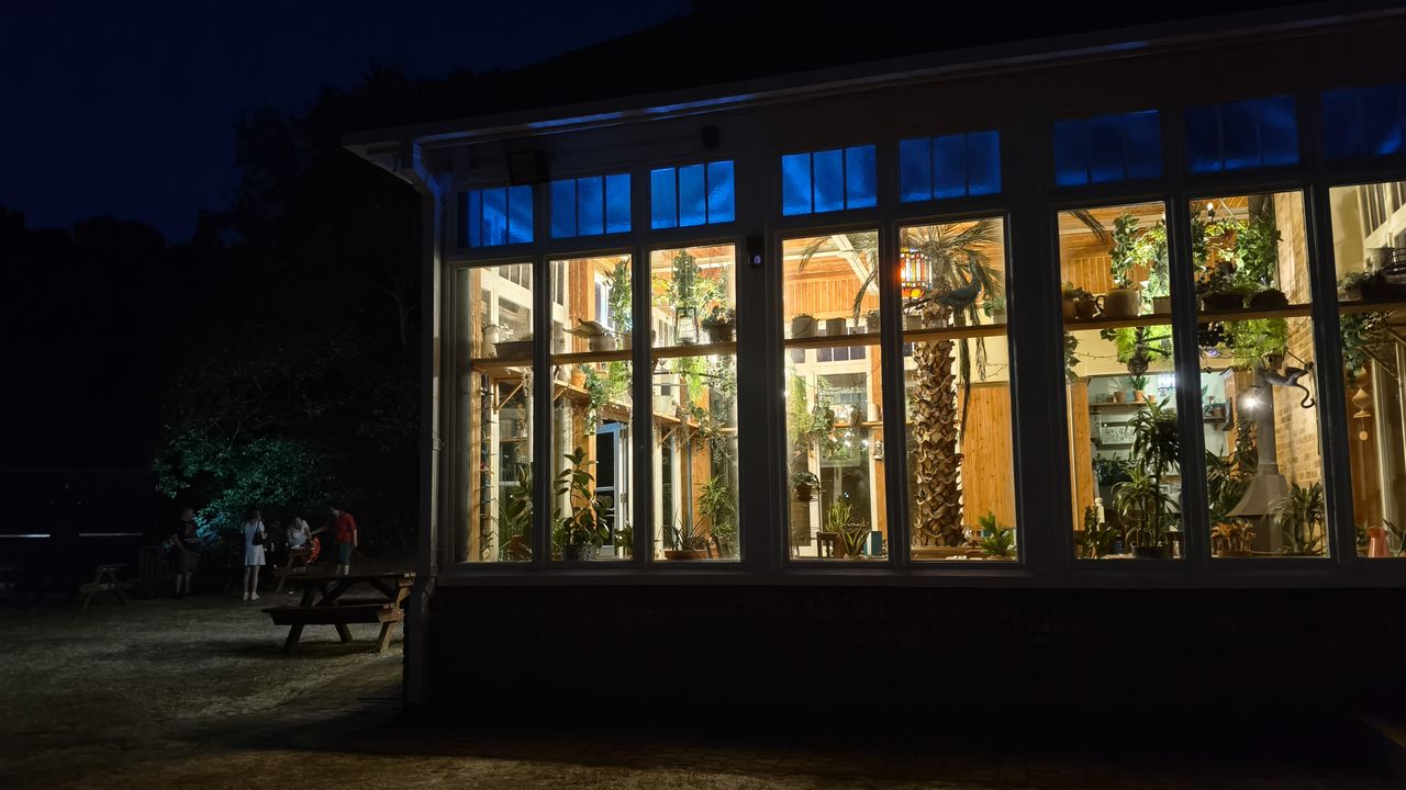 A conservatory at night filled with plants; some people can be seen sat at a bench in the dark in the background.