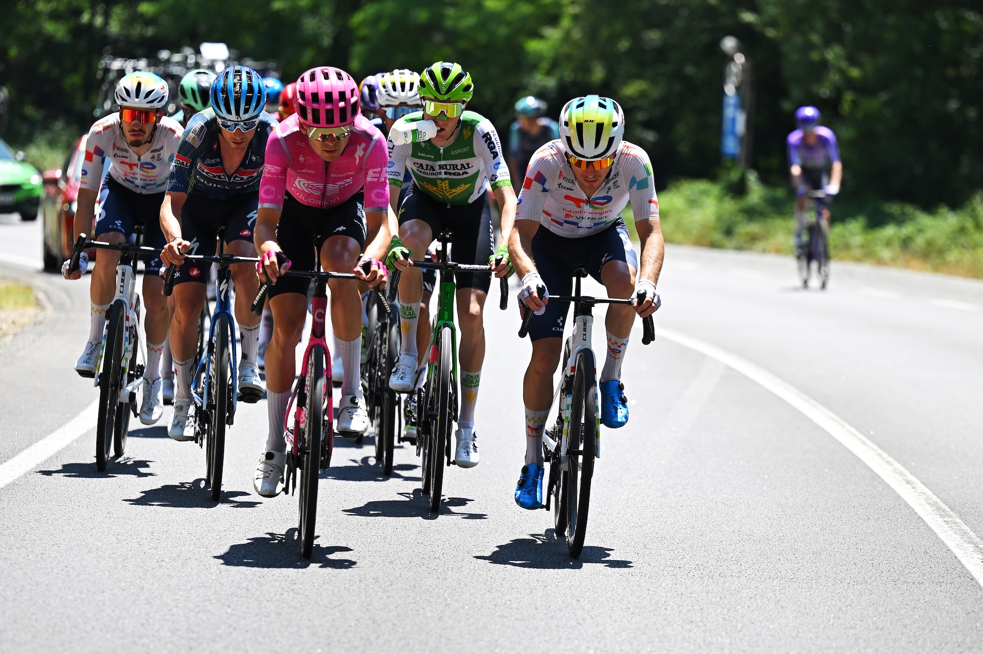 LES ANGLES, SPAIN - JULY 06: (L-R) Alex Baudin of France and Team EF Education - EasyPost and Matteo Vercher of France and Team TotalEnergies compete in the breakaway during 113th Tour de France 2026, Stage 3 a 195.9km stage from Granollers to Les Angles 1801m / #UCIWT / on July 06, 2026 in Les Angles, Spain. (Photo by Tim de Waele/Getty Images)