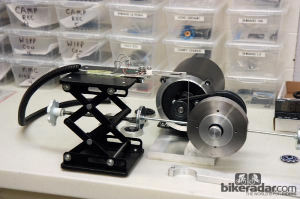 The derailleur pulley test setup is a little different owing to the smaller overall frictional losses. Instead of measuring frictional losses directly through a transducer, Friction Facts founder Jason Smith uses a reactive measurement that's more sensitive.