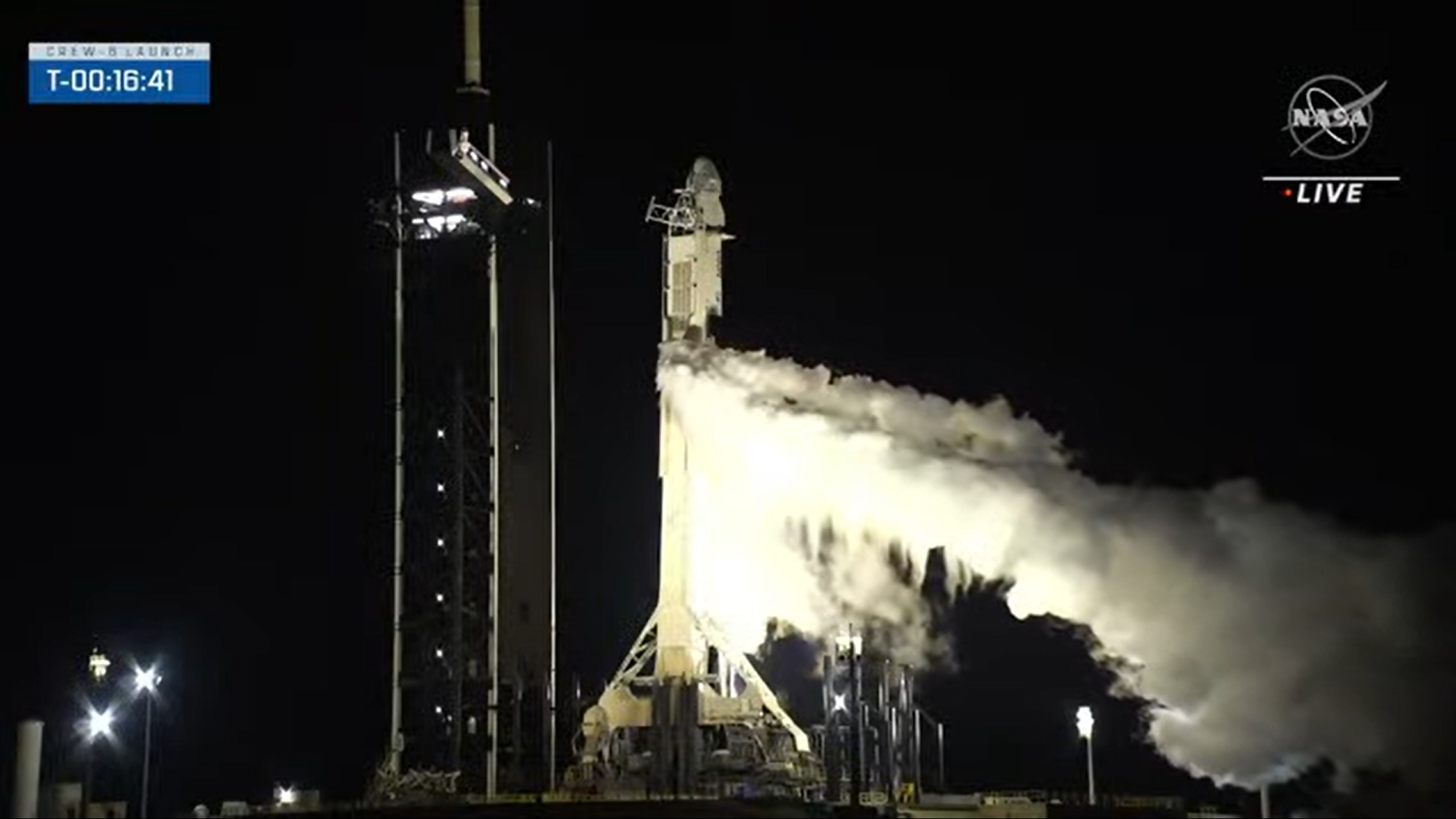 SpaceX's Falcon 9 rocket vents as it is fueled for launch of four astronauts on the Crew-6 mission for NASA