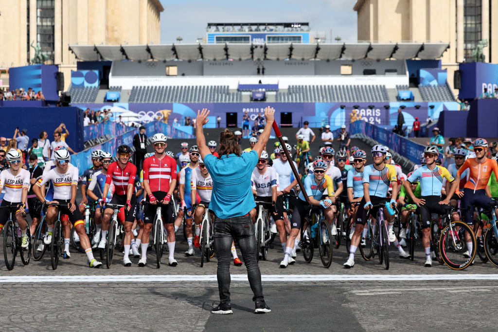 Peter Sagan indicates the start of the olympics road race