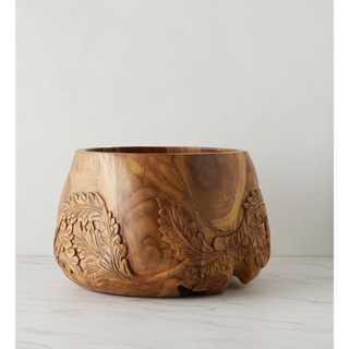 wooden plant pot with engraved leaf detail
