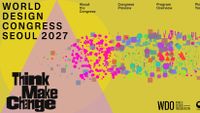 A mustard-yellow congress homepage in grey and orange tones, with lilac circles, magenta triangles and yellow hexagons clustered across the right-hand side.
