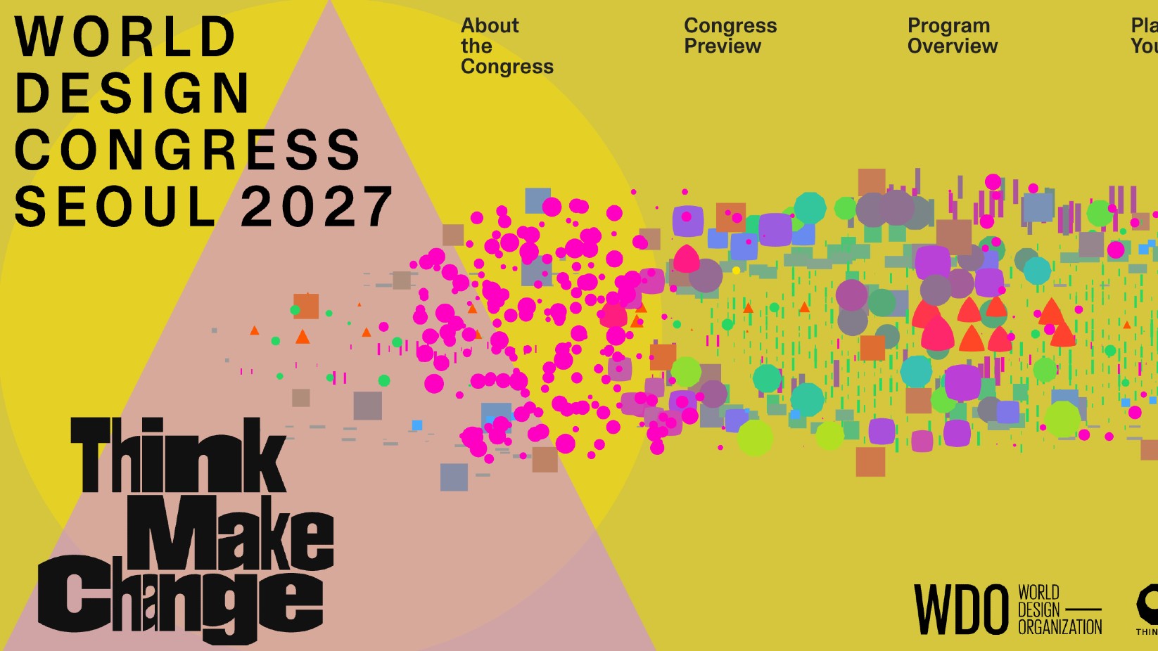 A mustard-yellow congress homepage in grey and orange tones, with lilac circles, magenta triangles and yellow hexagons clustered across the right-hand side.