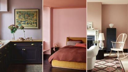 A composite image of three different pink paint colors in situ on walls in kitchens, living rooms and bedrooms