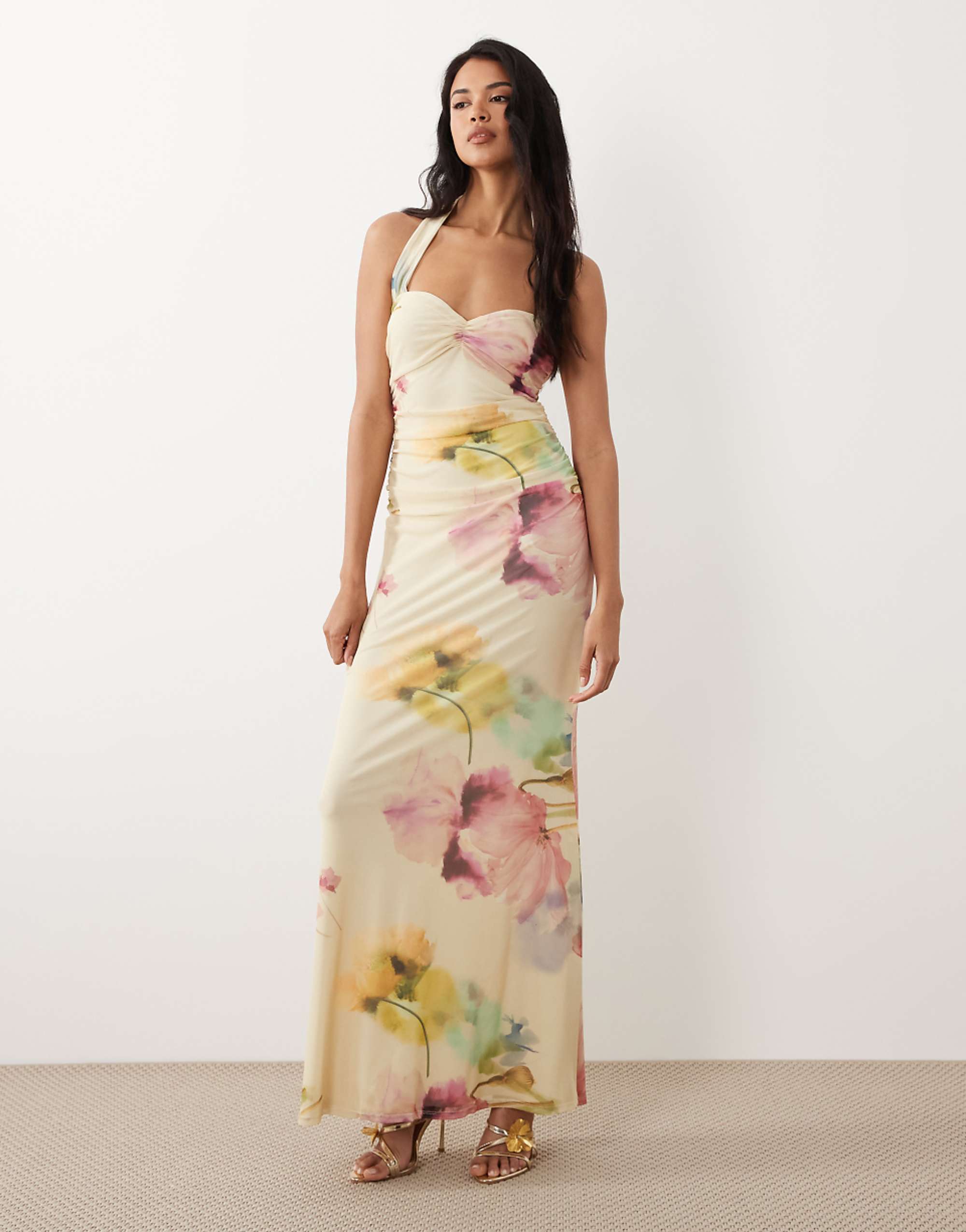 Asos Design Floral Printed Sweetheart Neck Mesh Fishtail Maxi Dress in Buttermilk