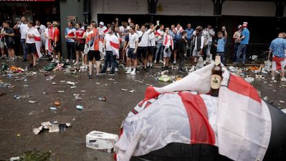 England fans gather in Leicester Square ahead of kick-off for the Euro 2020 final 
