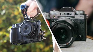 The Fujifilm X-T5 camera on a cafe table next to a bright red coffee cup (left), the Nikon ZR camera in a SmallRig cage, with user holding the kit by the top handle, outdoors (right)