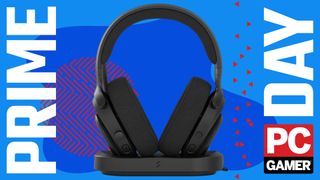 A Fractal Design Scape gaming headset on top of its magnetic charging stand, on a blue and red Amazon Prime Day deals background