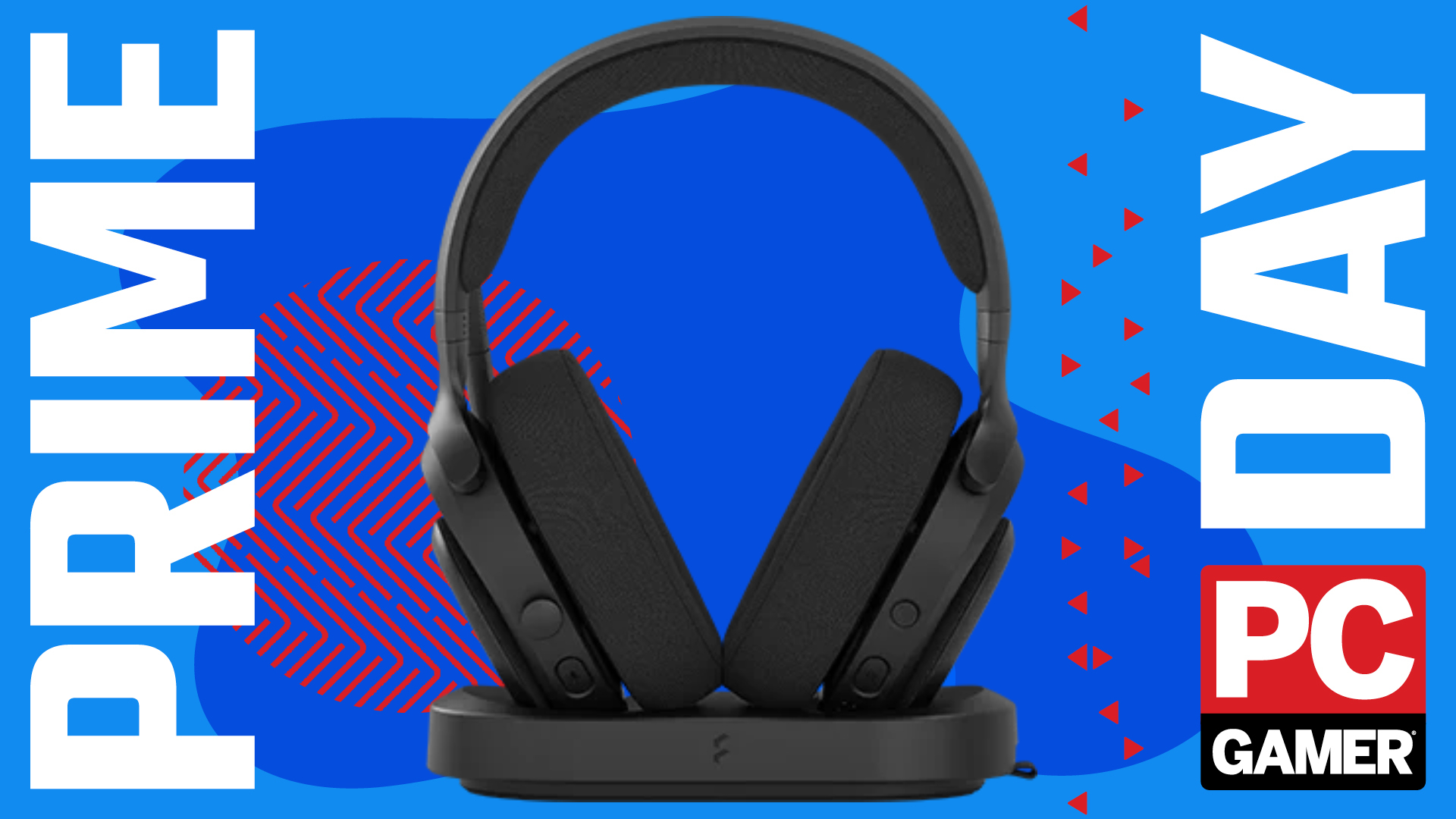 A Fractal Design Scape gaming headset on top of its magnetic charging stand, on a blue and red Amazon Prime Day deals background