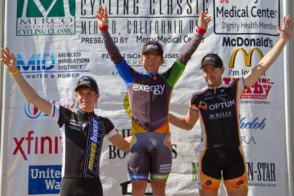 Merco Cycling Classic stage four winner Logan Loader (Exergy) is flanked by Ken Hanson (Optum) and Tyler Brandt (Mike's Bikes.)