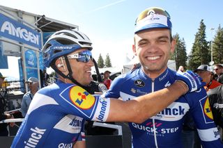 Kasper Asgreen enjoys the congratulations of Deceuninck-QuickStep teammate Zdenek Stybar after winning stage 2 of the 2019 Tour of California