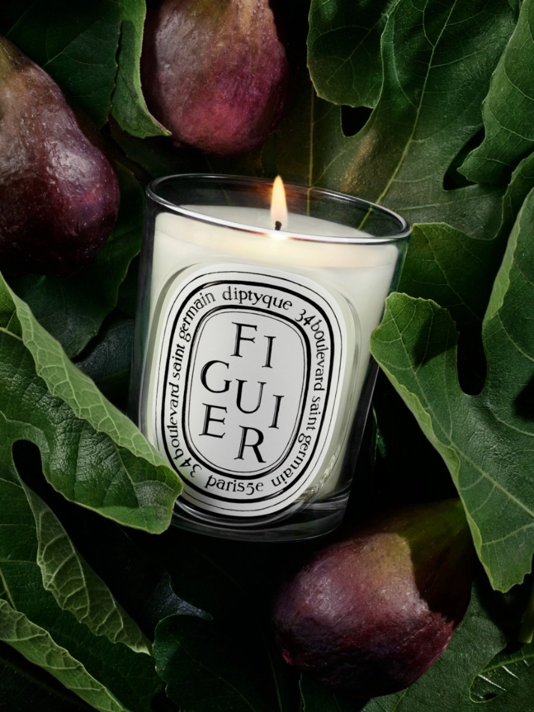 A glass fig-scented candle nestled into figs and fig leaves from Diptyque