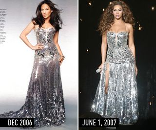 J.Lo (2006) & Beyonce (2007) in mirrored, silver gown and long, loose hair