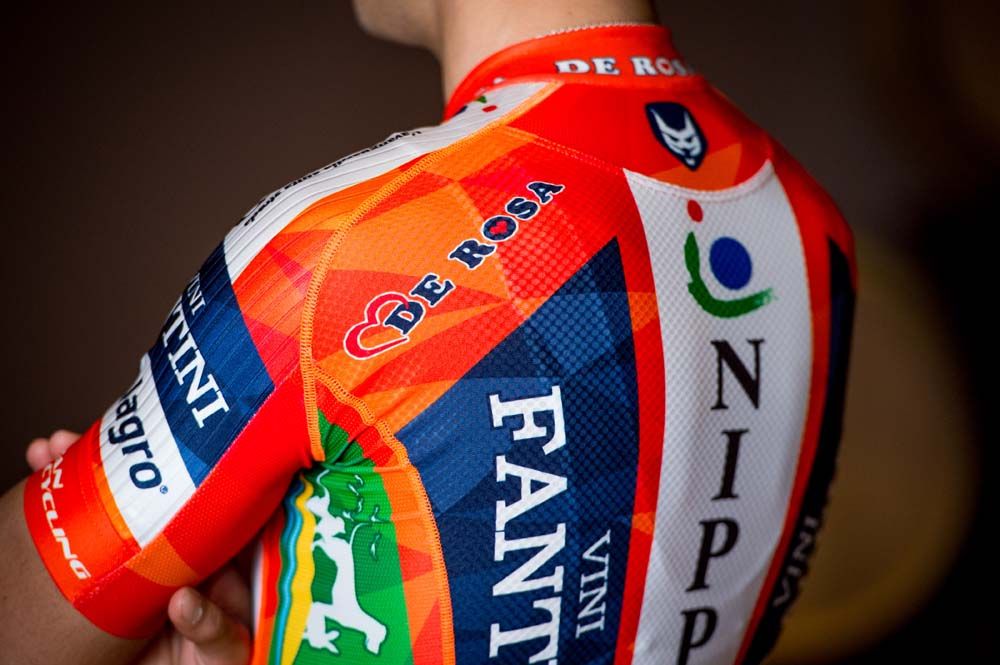 The sponsors names are written vertically on the Nippo-Vini Fantini jersey