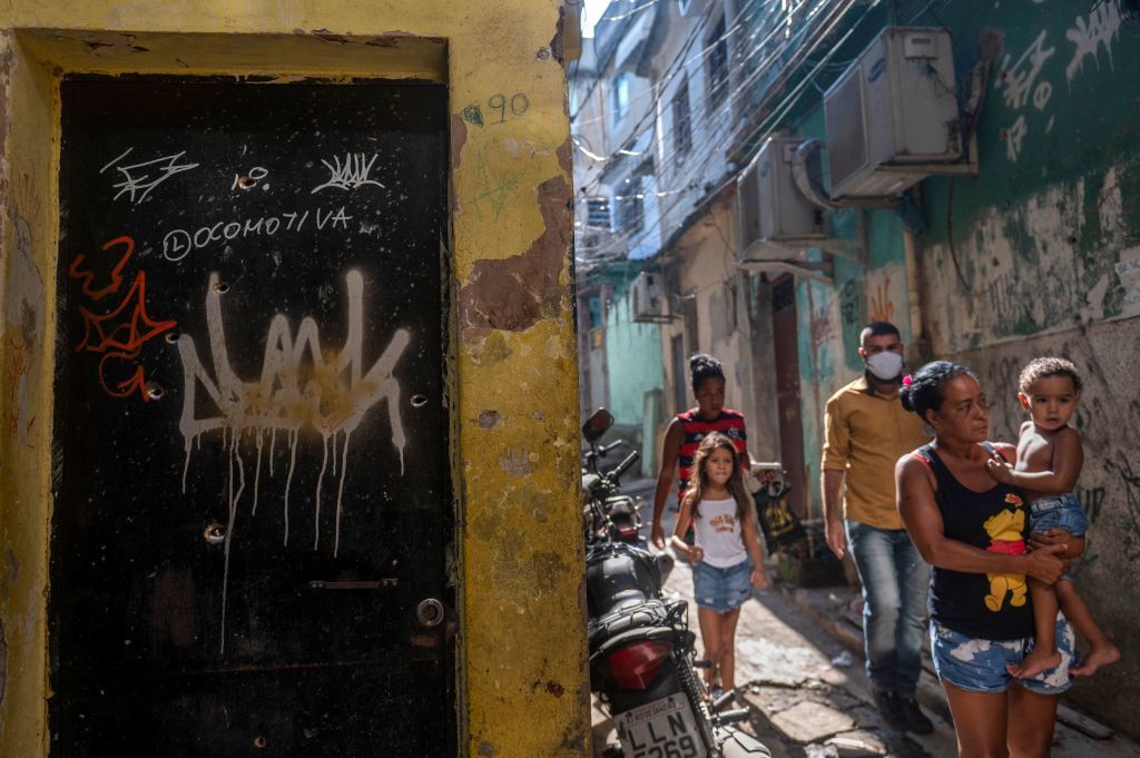 Bullet holes in a doorway in Rio&amp;#039;s Jacarezinho favela.