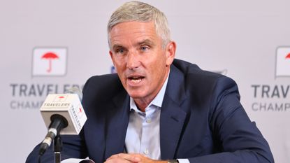 Jay Monahan speaks in a press conference before the 2022 Travelers Championship at TPC River Highlands