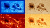 Four images with red blue and yellow filters applied to two large dark dots over a light background showing sunspots on the sun