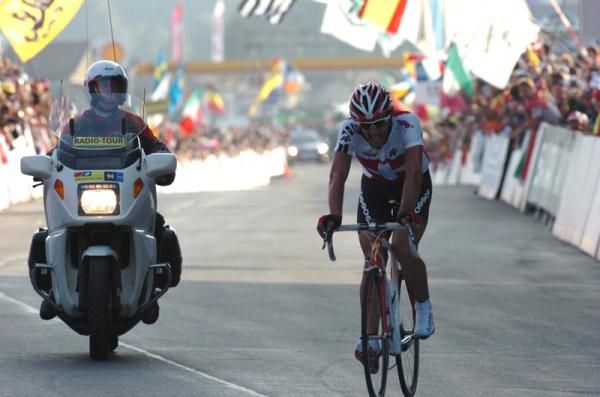 A exhausted Fabian Cancellara crosses the line in 2009. The Swiss rider was one of the strongest riders in the race but was beaten through better tactics rather than just pure strength