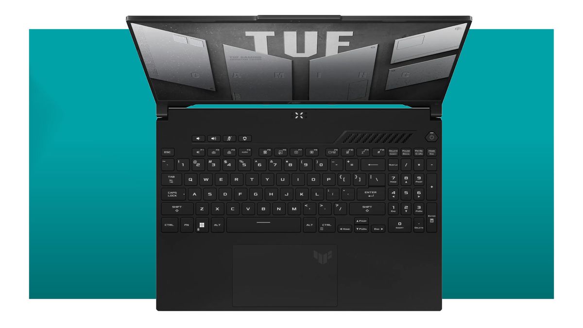 The TUF Gaming A16 top down on a blue background