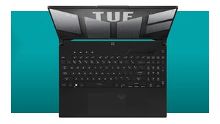 The TUF Gaming A16 top down on a blue background