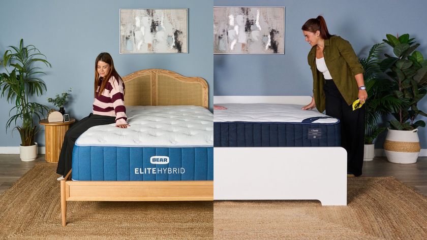 A Tom&#039;s Guide tester sitting on the Bear Elite Hybrid mattress next to an image of them feeling the surface of the DreamCloud Classic mattress