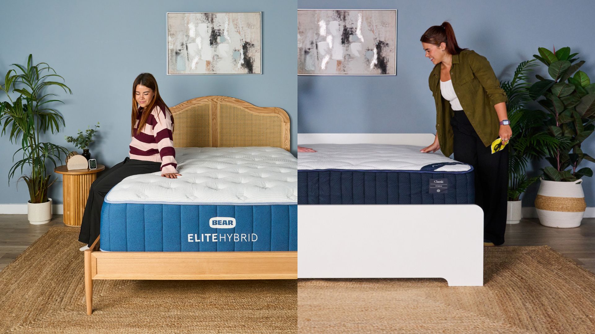 A Tom&#039;s Guide tester sitting on the Bear Elite Hybrid mattress next to an image of them feeling the surface of the DreamCloud Classic mattress